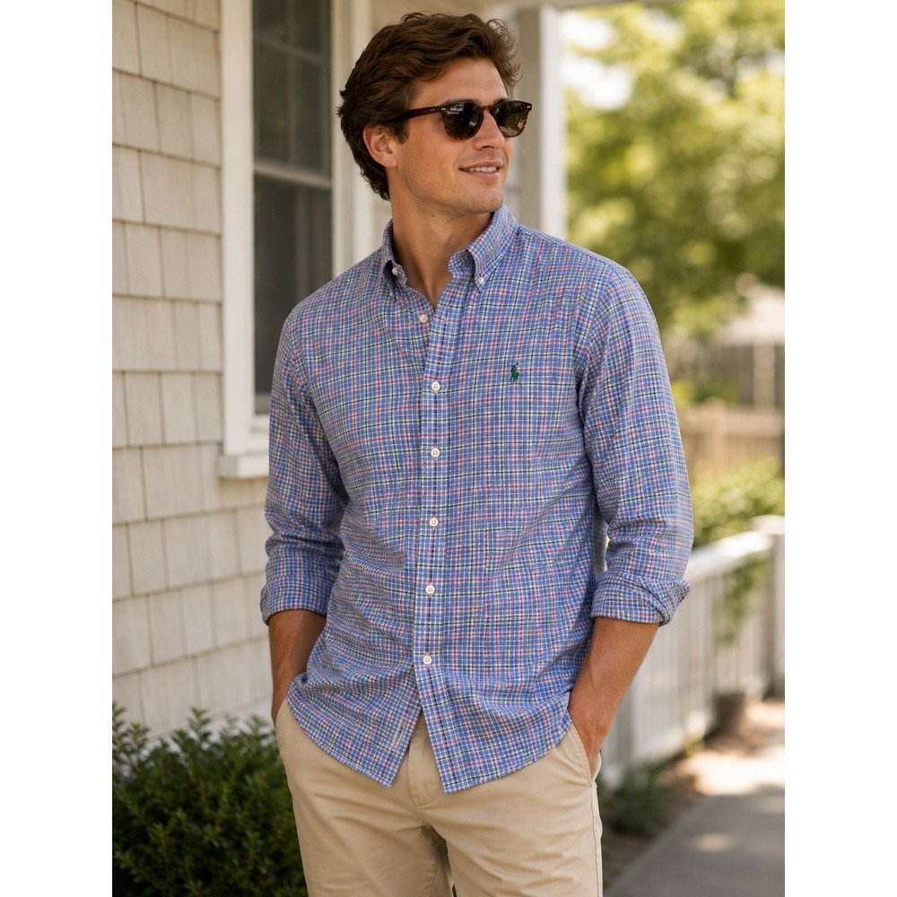 Ralph Lauren Polo Mens Classic Fit Multi Color Plaid 100% Cotton Stretch L